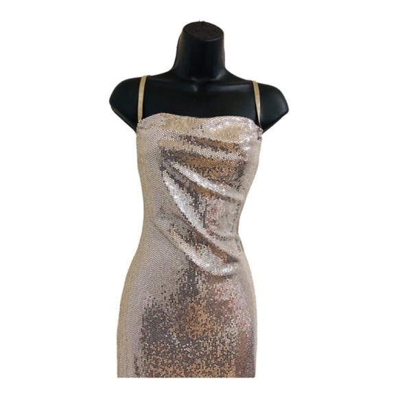 Bebe silver sequin cowl neck adjustable strap‎ slip style gown dress size large - Picture 2 of 15